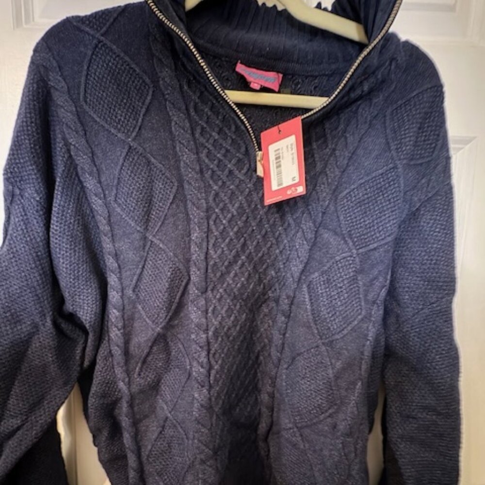 navy blue cable-knit zip-up sweate